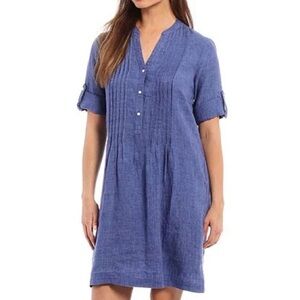 J.McLaughlin Riviera Blue Linen Dress Roll Tab Sleeve Size M Spring Summer